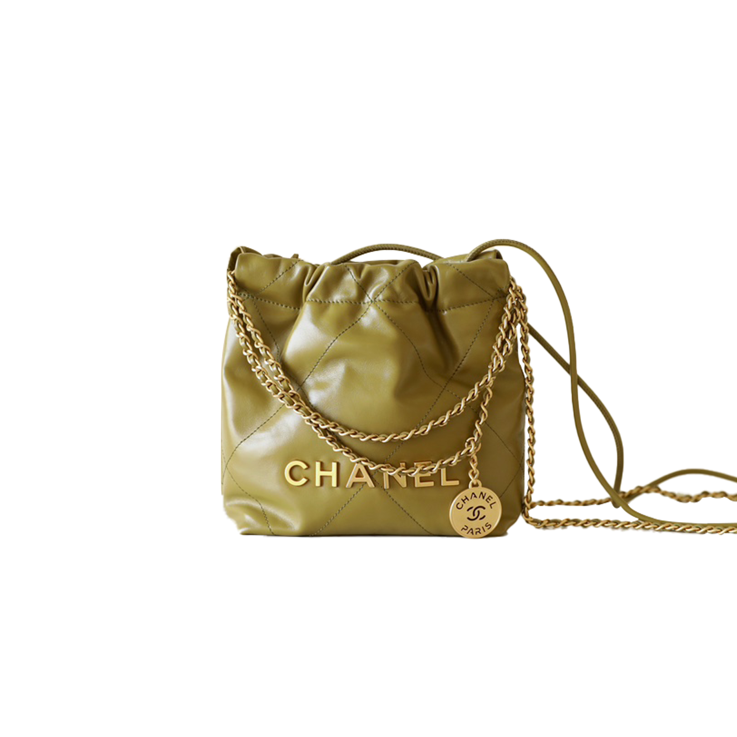 Ch*el master 22 mini bag olive shiny crumpled calfskin aged gold hardware as3980 (20*19*6cm)